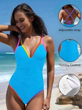 Popvil Bright Blue One-Piece Swimsuit with Colorful Trim